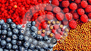 Flat lay of mixed berries such as a raspberry, and blueberry isolated on a white background. Generative AI