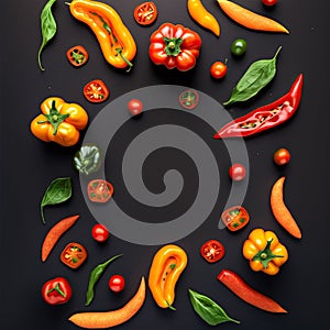 Flat lay mixed of half red and yellow pepper, cherry tomato on a black backround