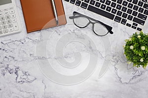 Flat-lay mockup white office desk working space background
