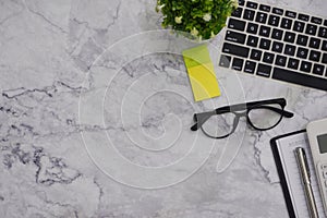 Flat-lay  mockup white office desk working space background