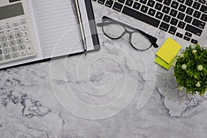 Flat-lay  mockup white office desk working space background