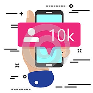 flat lay modern minimal hand holding mobile phone with new pink ten chiliad like followers social media icon  on white background