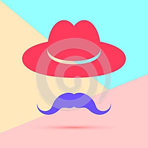 flat lay modern pink hat with mustache icon with shadow on pastel colored blue and pink background