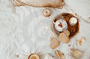 Flat Lay Morning Feminine composition. Instagram style with cup of coffee photo