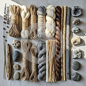 A flat lay of natural materials includes various textures and colors