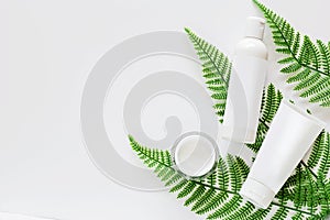Flat lay with Natural organic cosmetics: cream on white background with green leaves. Skincare, cosmetology, dermatology concept.