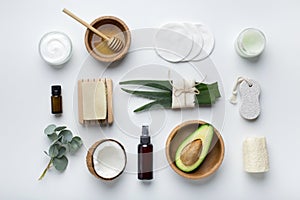 Flat lay of Natural spa cosmetic ingredients ready for skin care