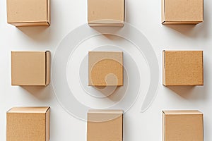 Flat lay Neatly arranged, diverse brown packages on white background.