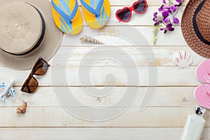 Flat lay objects the accessory for travel summer holiday background concept.