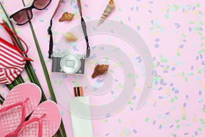 Flat lay objects the accessory for travel summer holiday background concept