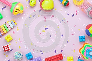 Flat lay objects baby toys for development background concept.