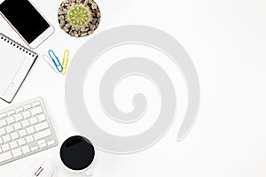 Flat lay Office desk table of modern workplace with laptop on white background, top view laptop background and copy space on black