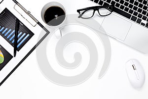 Flat lay Office desk table of modern workplace with laptop on white table, top view laptop background and copy space on white