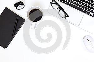 Flat lay Office desk table of modern workplace with laptop on white table, top view laptop background and copy space on white