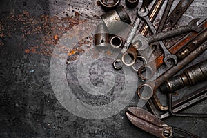 Flat lay Old hand tools ,Pliers screwdriver wrench rusted iron metal tools on Steel plate at garage