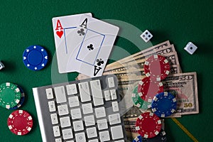 Flat lay .online poker gambling . poker cards.Green Table Top Copyspace