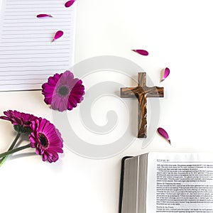 Flat lay: open Bible, wooden cross, open journal on white background and pink, purple, violette, red Gerbera flower with petals photo