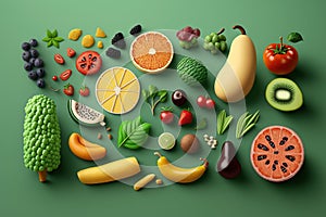 Flat lay organic foods and fresh vegetables and fruits selection