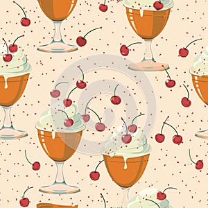 Flat lay pattern of ice cream sundaes with cherries and sprinkles