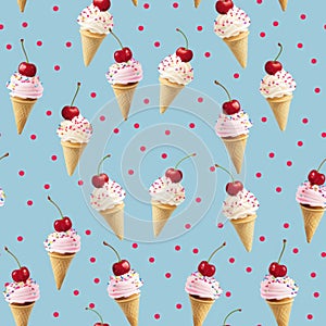 Flat lay pattern of ice cream sundaes with cherries and sprinkles