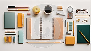 Flat lay pattern with school and office supplies on a white background