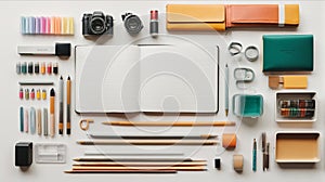 Flat lay pattern with school and office supplies on a white background