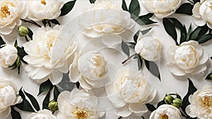 Flat lay pattern with white peonies on a white background