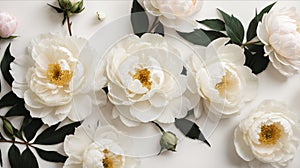 Flat lay pattern with white peonies on a white background