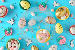 Flat lay photo of color eggs cute rabbits sprinkles meringue cake toppers