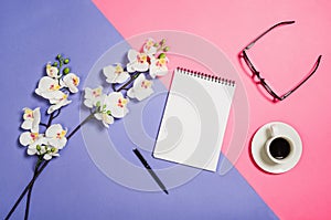 Flat lay photo of a creative freelancer woman workspace desk with copy space background.