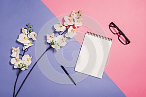 Flat lay photo of a creative freelancer woman workspace desk with copy space background.