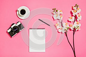 Flat lay photo of a creative freelancer woman workspace desk with copy space background.