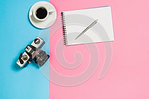 Flat lay photo of a creative freelancer woman workspace desk with copy space background.