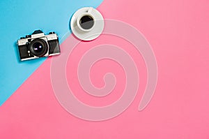 Flat lay photo of a creative freelancer woman workspace desk with copy space background.