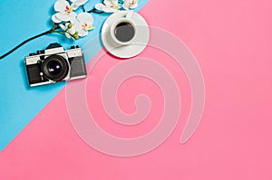 Flat lay photo of a creative freelancer woman workspace desk with copy space background.