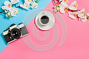 Flat lay photo of a creative freelancer woman workspace desk with copy space background.