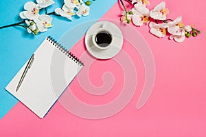 Flat lay photo of a creative freelancer woman workspace desk with copy space background.