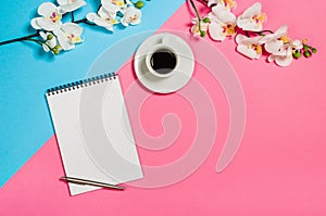 Flat lay photo of a creative freelancer woman workspace desk with copy space background.