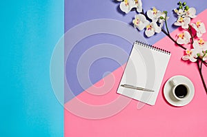 Flat lay photo of a creative freelancer woman workspace desk with copy space background.