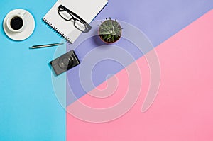 Flat lay photo of a creative freelancer woman workspace desk with copy space background.