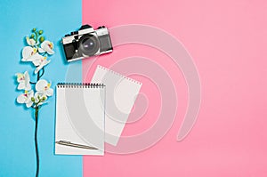 Flat lay photo of a creative freelancer woman workspace desk with copy space background.