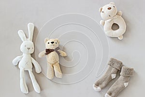 Flat lay photo of cute newborn baby accessories and toys