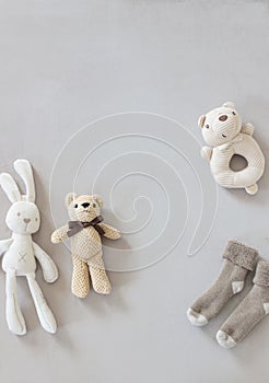 Flat lay photo of cute newborn baby accessories and toys