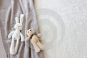 Flat lay photo of cute newborn baby accessories and toys