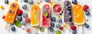 Flat lay photo of frozen popsicles and colorful fruits on white background. Natural summer dessert. Generative Ai
