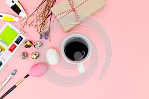 Flat lay photo happy easter, top view of preparing for Easter on pink background, easter eggs