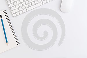 Flat lay photo of office desk with mouse and keyboard, Copy space on white background, Top view