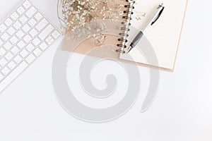 Flat lay photo of office desk with mouse and keyboard,White copy