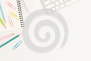 Flat lay photo of office desk with mouse and keyboard White copy