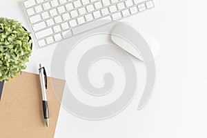 Flat lay photo of office desk with mouse and keyboard,White copy